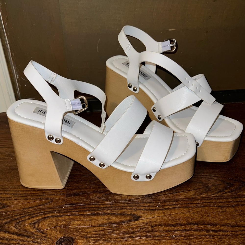 Steve Madden Gladiator White Strap Tan Platform Clog Heel Sandals Size 10 - Picture 4 of 14